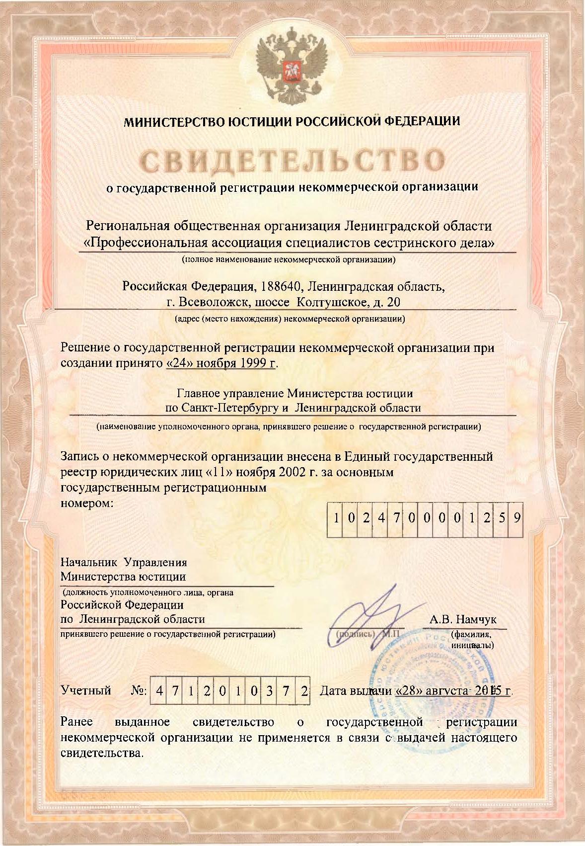 Свидетельство ОГРН НКО